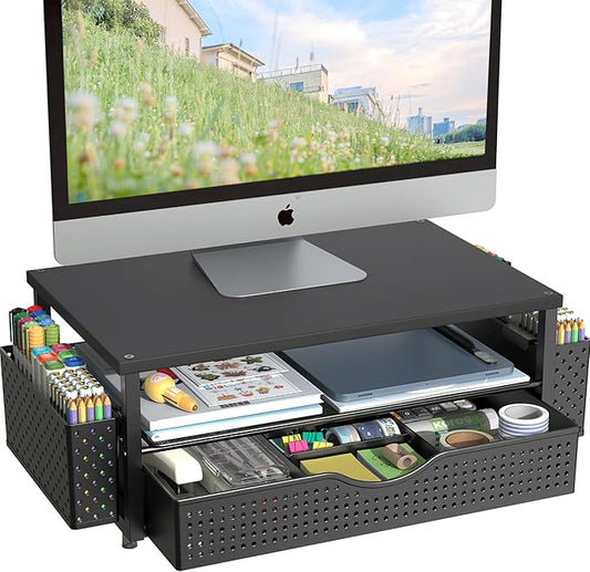 Desk Organizer and Accessories, Computer Monitor Stand Riser with Drawer and 2 Pen Holders, Office Desk Accessories & Workspace Organizers for Office Supplies (Black)-DeskLoop Office