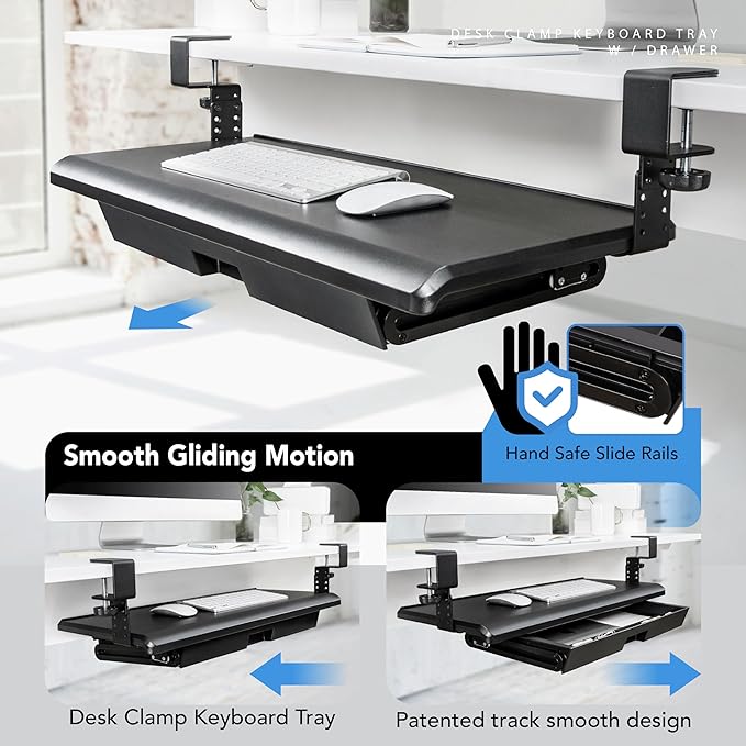 EHO Keyboard Tray with Drawer - Clamp On Under Desk Pull Out Extender Table Attachment Platform with Storage Organizer, Large 27.5" (31.8" Including Clamps) x 12.2", Height Adjustable for Home Office-DeskLoop Office