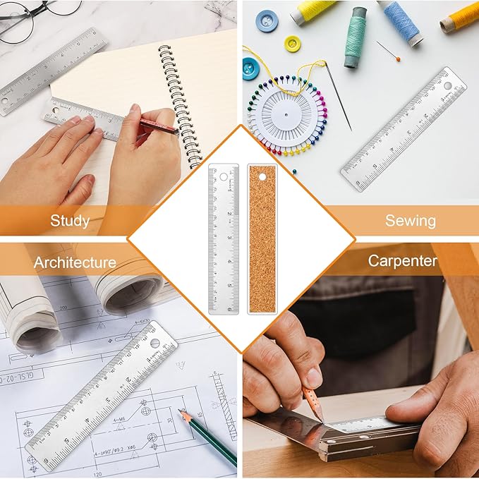 3 Pcs Stainless Steel Ruler 6 Inch Metal Ruler Straight Edge Rulers Non Slip Cork Backed Rulers with Inch and Metric Graduations for School Office Engineering Drawing(6 Inch)-DeskLoop Office