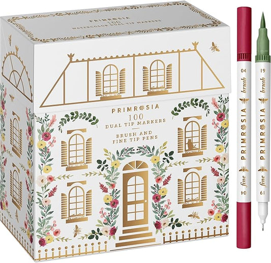 Primrosia 100 Dual Tip Marker Pens, Fineliner and Watercolor Brush Pens for Art Sketching Illustration Calligraphy or Journals Drawing Coloring-DeskLoop Office