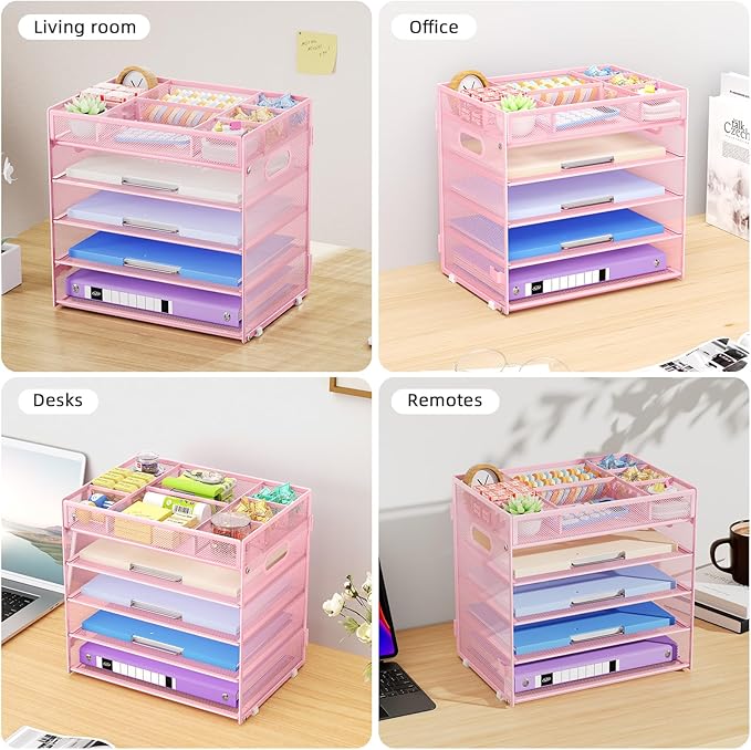 Marbrasse 5-Tier Letter Tray Paper Organizer with Handle, Multi-Functional Mesh File Organizer for Desk, Adjustable Compartments Mesh Desktop Storage for Office Supplies, Pink-DeskLoop Office