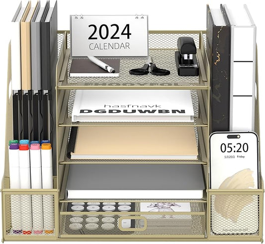 SUPEASY Mesh Desk Organizer with File Holder, 5-Tier Paper Letter Tray Organizer with Magazine Holder, Desktop Organizer and Storage with Drawer for Office Supplies Home or School, Yellow-DeskLoop Office