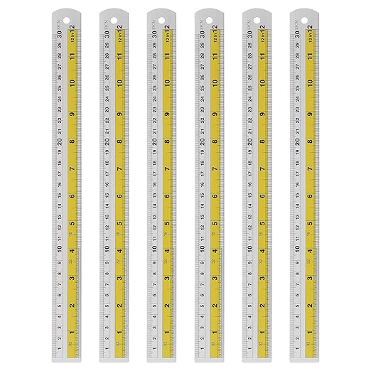 HARFINGTON 6pcs Metal Straight Ruler 30cm Metric SAE Aluminum Alloy Measuring Rulers Scale Tool with Hole for Measure Study Reading Classroom Office, Yellow-DeskLoop Office