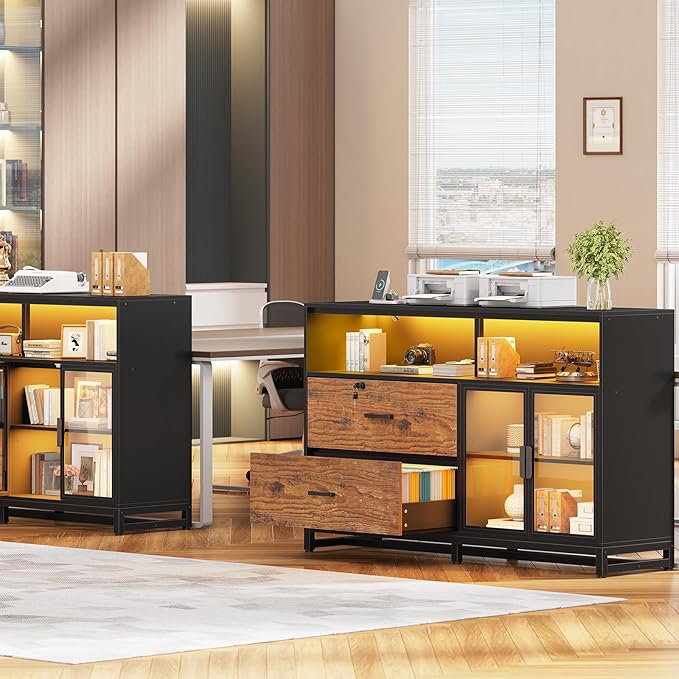 SEDETA 59" File Cabinet, 2 Drawers Filing Cabinets for Home Office fit Legal/Letter/A4 File, File Cabinet with Lock & Power Outlets, Printer Stand with Storage & LED Lights, Rustic Brown-DeskLoop Office