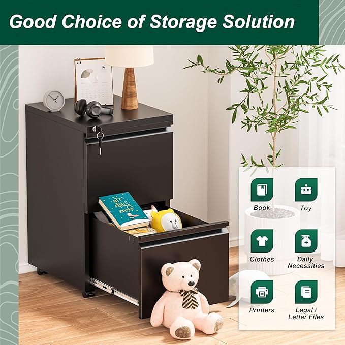 Superday 2 Drawer File Cabinet, Metal Rolling Filing Cabinet with Lock, Small File Cabinets with 2 Drawer, Filing Cabinets for Home Office Fit A4/Letter/Legal, Easy Assemble, Black-DeskLoop Office