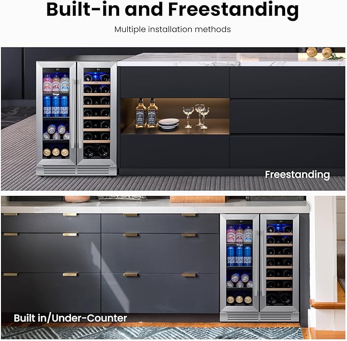 Yeego Wine & Beverage Refrigerator, 24 Inch 60 Cans and 20 Bottles Dual Zone Wine Cooler with Glass Door, 36-72°F Drink Cooler for Built-in or Freestanding, For Kitchen,Bar or Office-DeskLoop Office