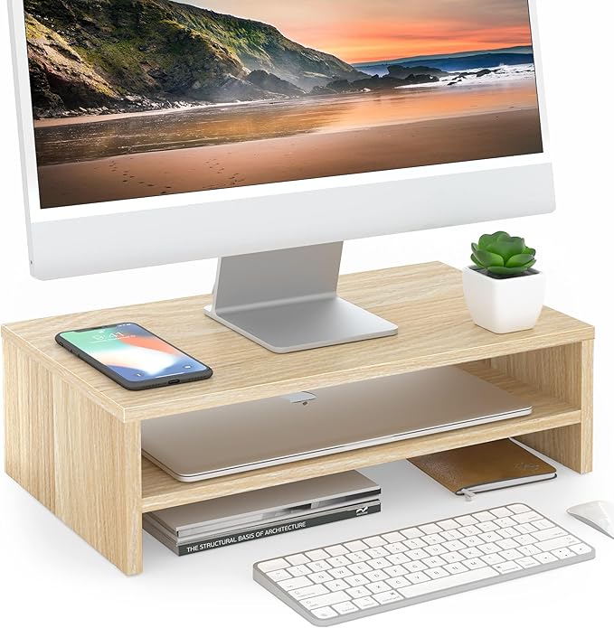 FITUEYES Monitor Stand - 2 Tier Computer Monitor Riser Shelf, Wood Desktop Stand for Laptop Computer Screen, Desk Organization, Office Supplies-DeskLoop Office