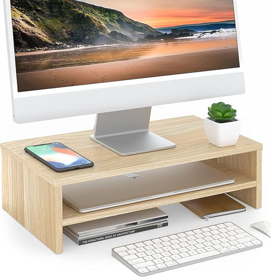 FITUEYES Monitor Stand - 2 Tier Computer Monitor Riser Shelf, Wood Desktop Stand for Laptop Computer Screen, Desk Organization, Office Supplies-DeskLoop Office