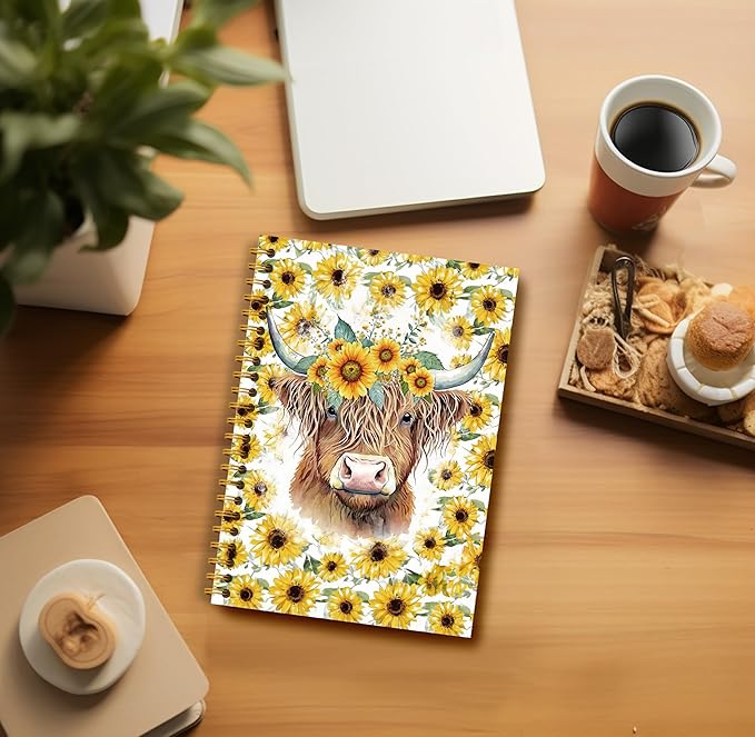 Highland Cow Notebook Journal - Sunflower Notebook, 5.5×8.3 Summer Sunflower Spiral Journal Notebook, Highland Cow Gifts, Cow Gifts for Women, 164 Pages-DeskLoop Office