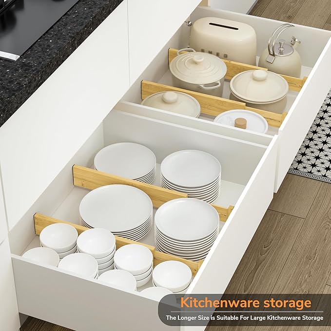 BAMEOS 3" H Bamboo Drawer Dividers - Adjustable Expandable Drawer Organizer - Kitchen, Bathroom, Bedroom & Office, 4-pack-DeskLoop Office