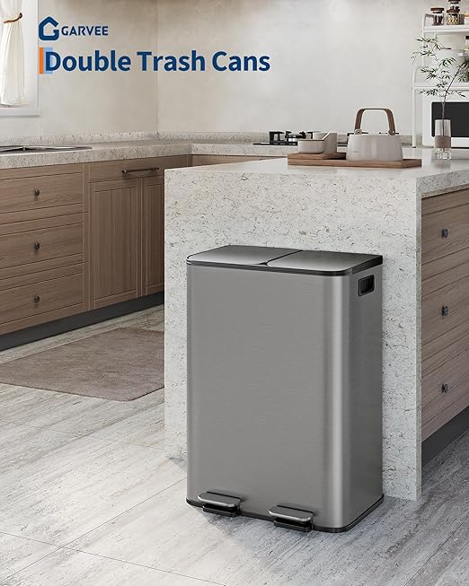 GarveeHome 2 x 8 Gallon Stainless Steel Double Trash Can with Lid for Kitchen, Large Dual Trash and Recycle Bin Combo, Step-on Kitchen Metal Garbage Cans, PP Inner Buckets, Liner Rim, Matte Grey-DeskLoop Office