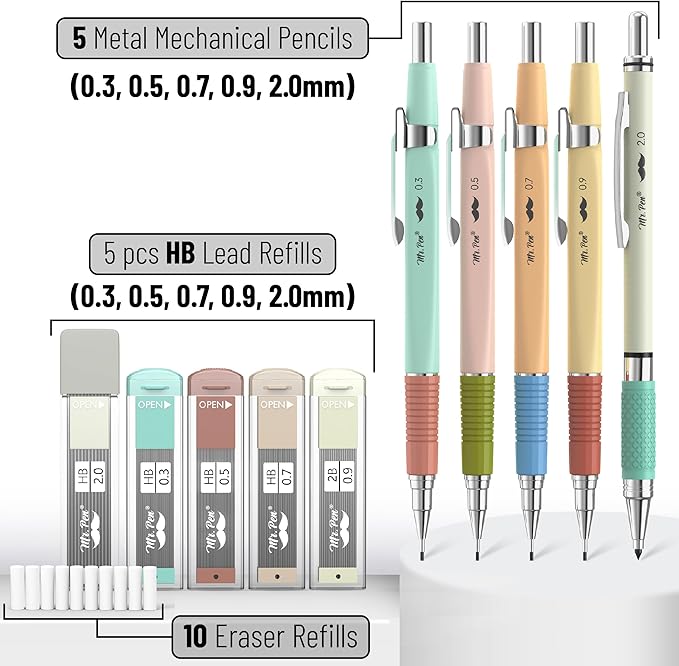 Mr. Pen- Mechanical Pencil Set, 5 Sizes, 0.3, 0.5, 0.7, 0.9, 2mm, Anti Skidding Grip Cute Mechanical Pencils, Sketching Pencils, Aesthetic Mechanical Pencils, Pastel Mechanical Pencils-DeskLoop Office