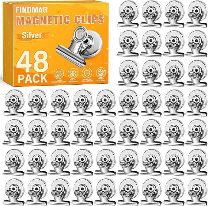 FINDMAG 48 Pack Magnetic Clips for Photo and Picture Display, Strong Scratch-Free Fridge Magnets, Heavy Duty Metal Clips for Picture Hanging, Kitchen, Office, Whiteboard, Silver.-DeskLoop Office