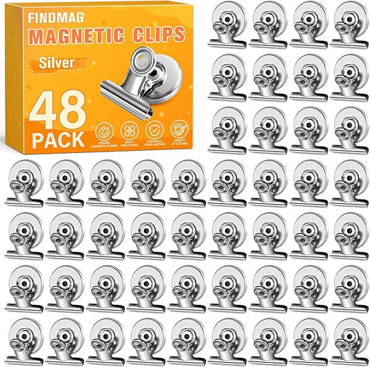 FINDMAG 48 Pack Magnetic Clips for Photo and Picture Display, Strong Scratch-Free Fridge Magnets, Heavy Duty Metal Clips for Picture Hanging, Kitchen, Office, Whiteboard, Silver.-DeskLoop Office