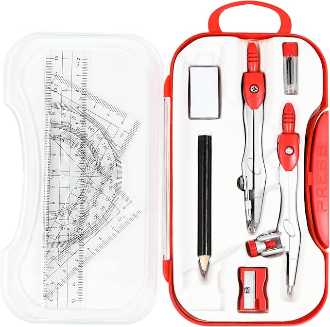 10 Pieces Math Geometry Kit Set Student Supplies with Shatterproof Storage Box,Includes Rulers,Protractor,Compass,Eraser,Pencil Sharpener,Lead Refills,Pencil,for School and Drawings(Red)-DeskLoop Office