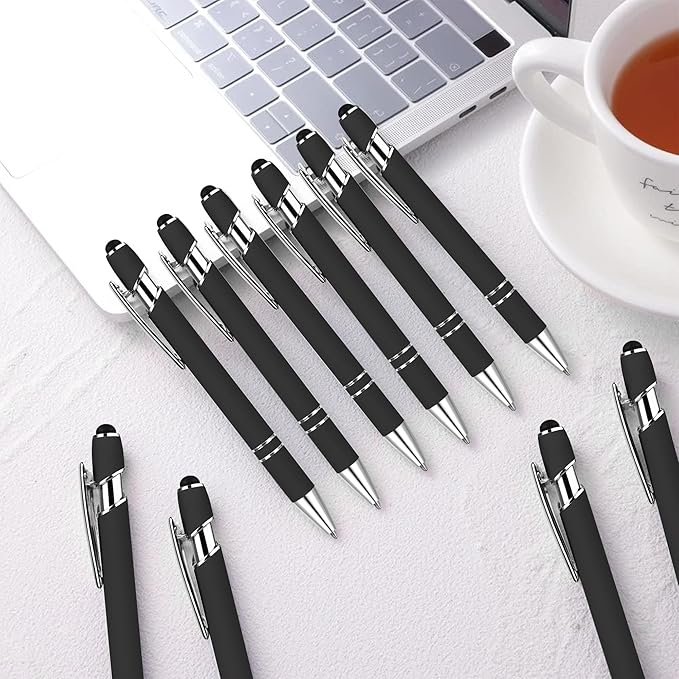 12 PCS 2 in 1 Stylus Ballpoint Pen with Stylus Tip, 1.0 mm Black Ink Metal Pen Stylus Pen for Touch Screens (Silver & Black)-DeskLoop Office