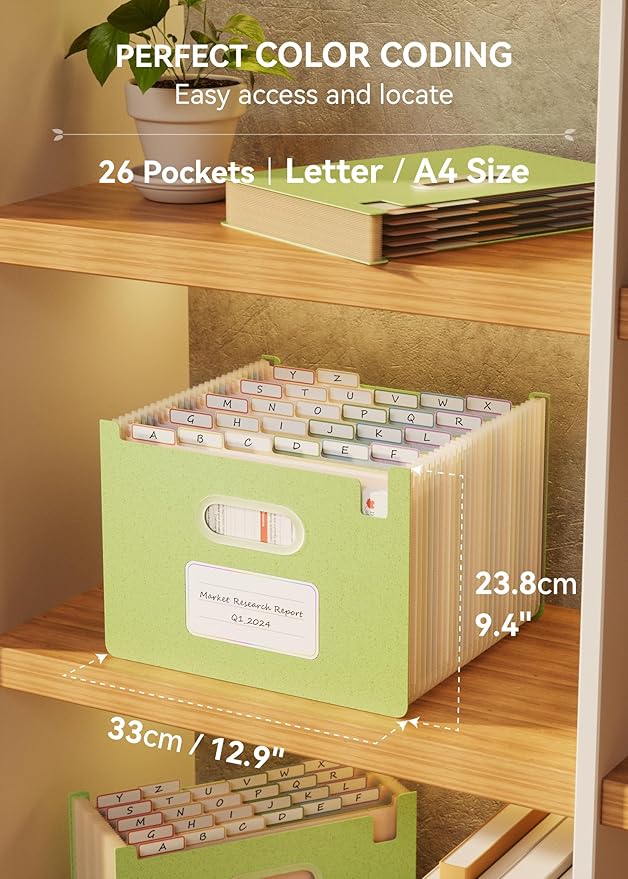 Accordion File Organizer, 26 Pockets Wheat Straw Expanding File Folders, Upright&Open Top, A-Z Bill Receipt Organizer, 100% BPA Free, Return to Nature, Healthy Living, Letter/A4 Size-Mint Green-DeskLoop Office