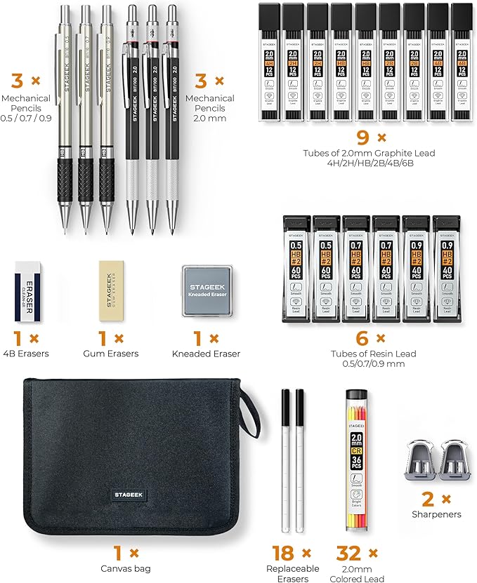 30PCS Mechanical Pencil Set with Canvas Bag, Drawing Pencils 0.5, 0.7, 0.9MM & 3PCS 2MM Sketching Pencil with 464PCS Leads (6B 4B 2B HB 2H 4H Color) for Artist Drafting Drawing Writing-DeskLoop Office