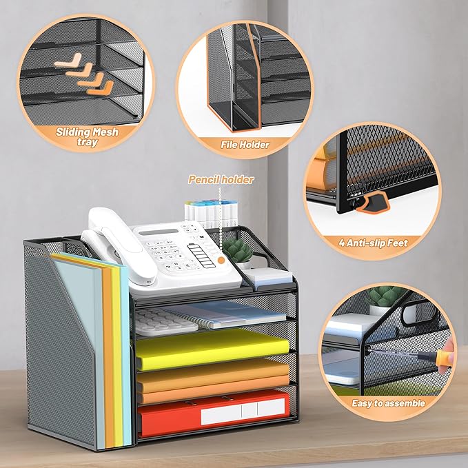 DocNest 5 Tier Paper Letter Tray File Organizer, Mesh Desk File with Handle, Workspace Desk Organizers with Pen Holder, Office Organization Storage Accessories - Black-DeskLoop Office