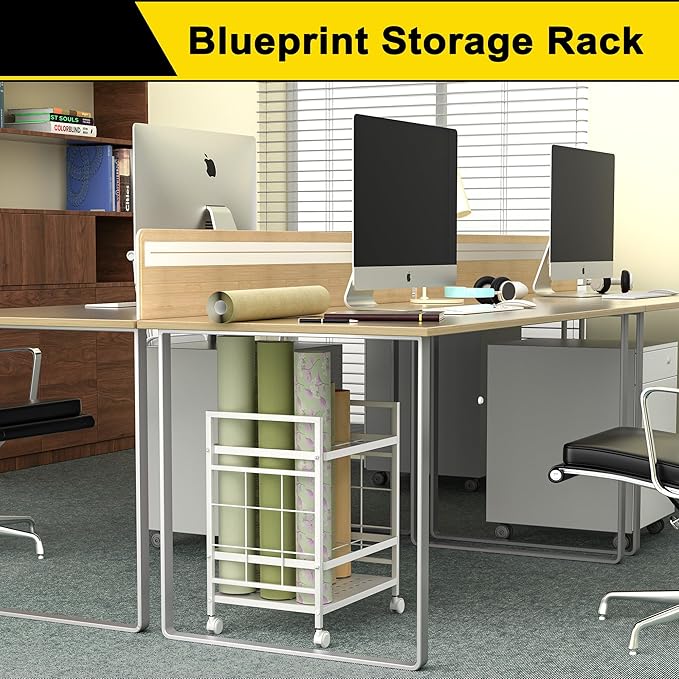 GIOTORENT Blueprint Storage Rack, Holder with Wheels, Map/Poster/Architectural Plan Storage, 12 Slots, 2 Brakes, Silent Wheels for Home, Office, School (White)-DeskLoop Office
