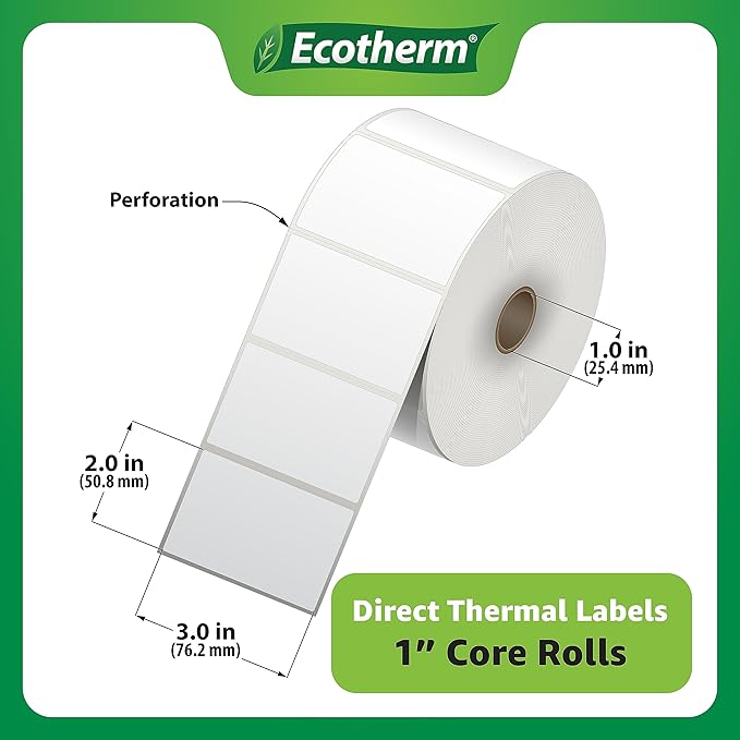 3" x 2" Thermal Labels | 6 Rolls | 7440 Labels | fits Zebra, Munbyn, Rollo, Godex, Arkscan, iDPRT, Offnova Thermal Label Printers and More | Blank White Adhesive Stickers by Ecotherm-DeskLoop Office