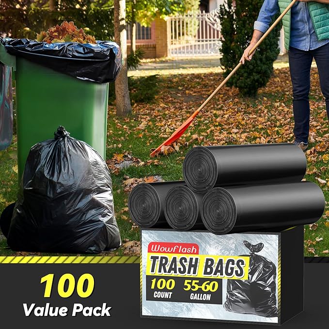 100 Count 55-60 Gallon Trash Bags, Sturdy & Tear-Resistant Commercial Can Liners 55 Gallon, Large Garbage Bags, Large Black Trash Bags for Commercial, Lawn and Leaf Bags-DeskLoop Office