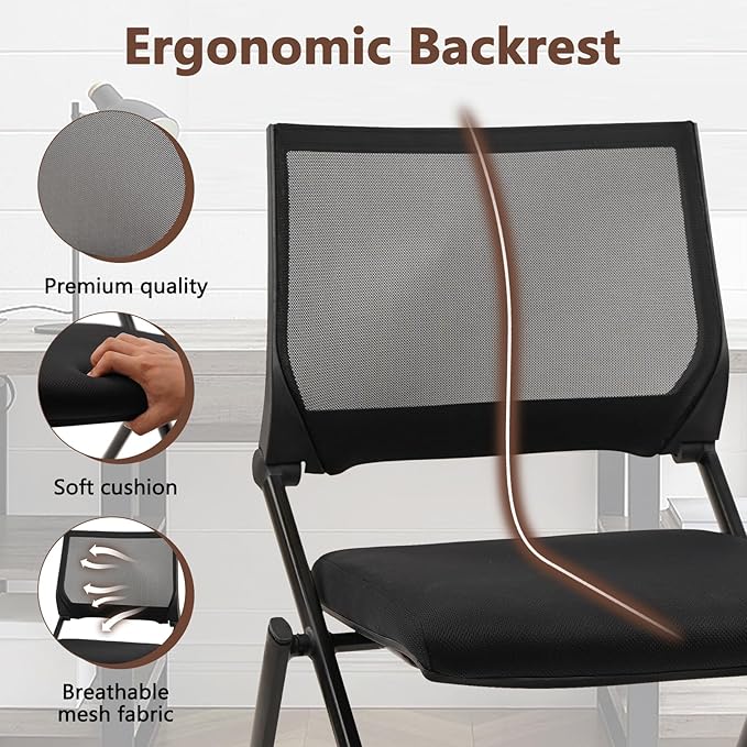 CLATINA Stackable & Foldable Conference Room Chairs, Waiting Room Chairs with Wheels & Lumbar Support, Ergonomic Mesh Bouncing Back Folding Chair for Office Meeting Schools Training, Black-DeskLoop Office