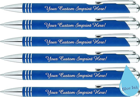 ExpressDesigns™ - Blue Ink Personalized Pens Rubberized - The Cameron - Custom Printed Name Pens - Imprinted with Logo or Message - Includes Personalization - 6 Pack (Blue)-DeskLoop Office