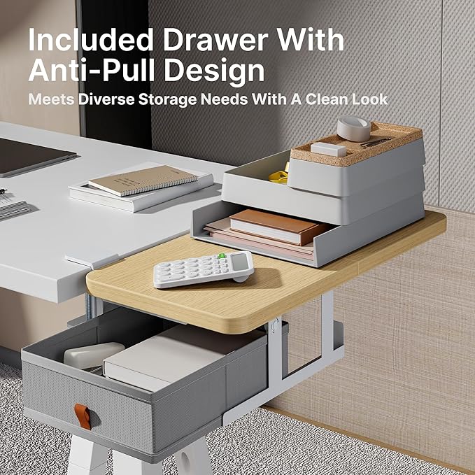 Desk Extender Tray, 24" x 12" Clamp On Desk Shelf, Desk Extension with Storage Drawer, Table Desk Arm Rest, Clamp On Keyboard Tray for Office and Home, Workstation Organizer, Medium, Wood-DeskLoop Office