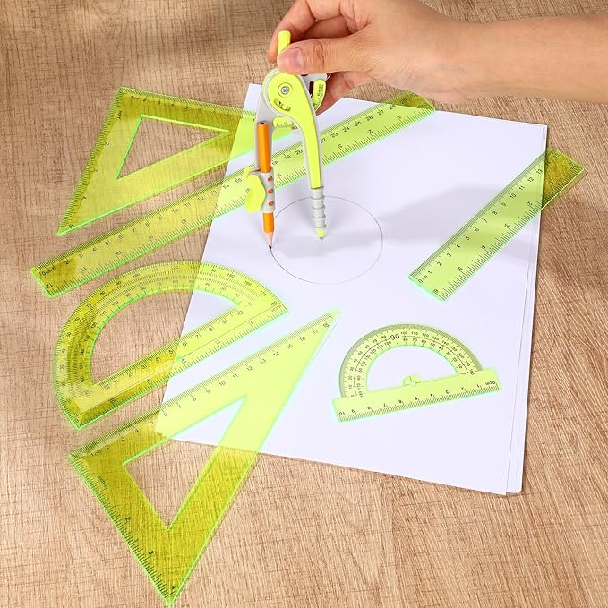 Zonon 1 Set Plastic Geometry Math Set 7 Pcs Includes 6'' / 4 '' Protractor, Drawing Compass, 45/60 Degree Triangle Rulers, 12'' / 6'' Math Ruler Transparent for Office Supplies(Yellow)-DeskLoop Office
