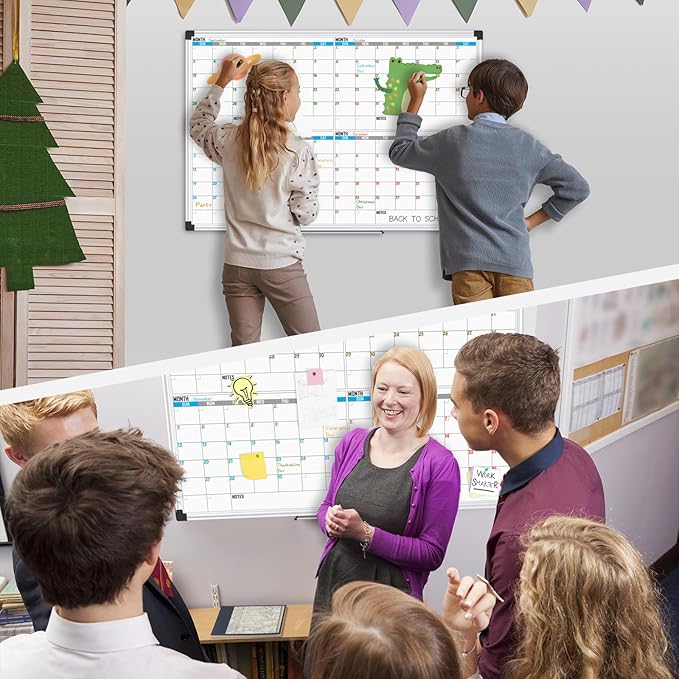 XBoard Magnetic Calendar Whiteboard 48" x 36" - 4 Month Colorful Calendar Dry Erase Board for Monthly Planning, Silver Aluminium Framed-DeskLoop Office
