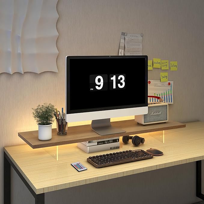 Monitor Stand Riser,Wood & Acrylic Computer Monitor Stand with LED Light,Desk Accessories Desktop Organizer Stand for Computer,Laptop,Printer,PC & TV Screen-DeskLoop Office