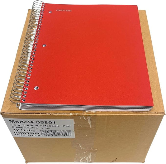 Mintra Office Durable Spiral Notebooks, 5 Subject (Red, College Ruled 12pk)-DeskLoop Office