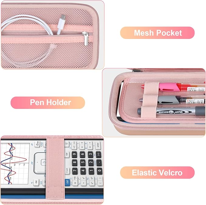 BOVKE Calculator Travel Case for Texas Instruments TI-Nspire CX II CAS/CX II/CX/CX CAS Graphing Calculators and More - Mesh Pocket for USB Charging Cables and Other School Supplies, Rose Gold-DeskLoop Office