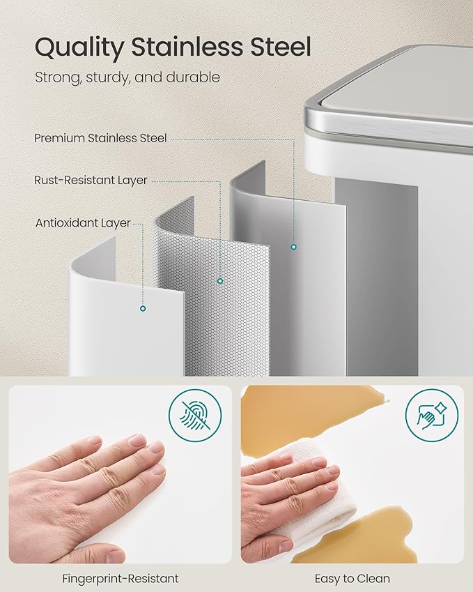 SONGMICS Trash Can, 13-Gallon Gabbage Can, with 15 Trash Bags, Steel, with Soft-Close Lid, Removable Inner Bucket, Handles, Cloud White ULTB595W01V1-DeskLoop Office