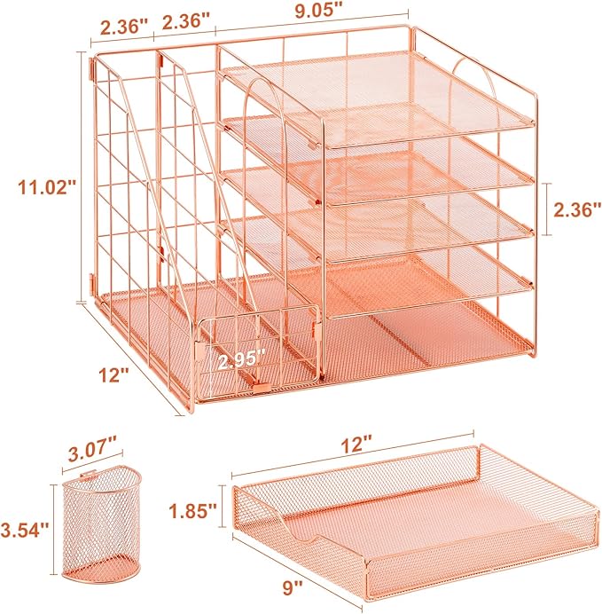 Marbrasse Rose Gold Desk Organizer with File Holder, 5-Tier Paper Letter Tray Organizer and Drawer, Mesh Desktop Storage with Magazine Holder for Office Supplies-DeskLoop Office