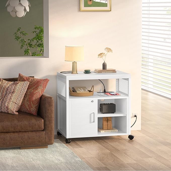Unikito Rolling File Cabinet Lateral Office Filing Cabinets with Socket and USB Charging Port, Modern Printer Stand on Wheels, Printer Cabinet with Door and Open Storage, Lockable, White-DeskLoop Office