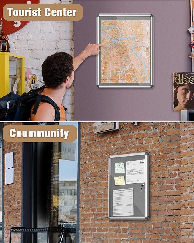 26"x20" Enclosed Bulletin Board, Lockable Weather-Resistant Aluminum Cork Noticeboard for School & Office, Silver Frame w/Grey Flet-DeskLoop Office