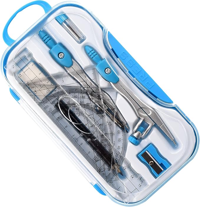 Math Geometry Kit Sets 10 Piece Student Supplies with Shatterproof Storage Box,Includes Rulers,Protractor,Compass,Eraser,Pencil Sharpener,Lead Refills,Pencil,for Drafting and Drawings(Blue)