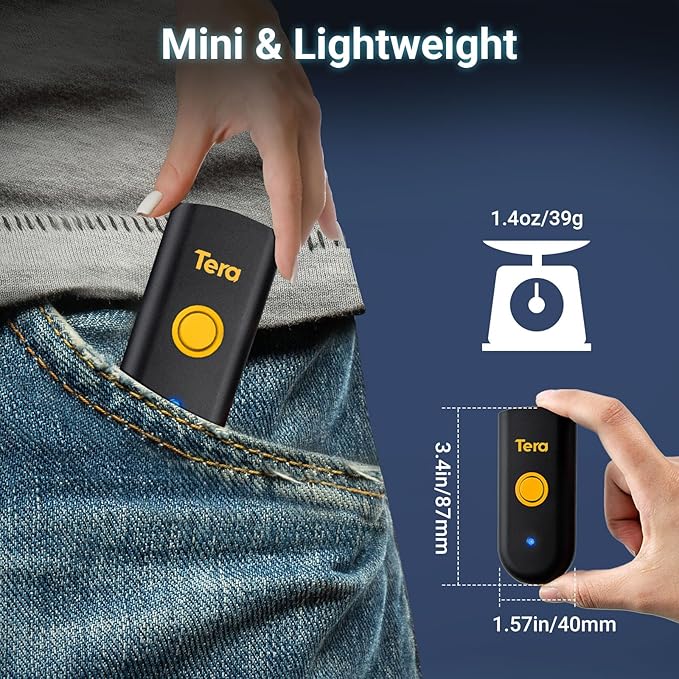 Tera Mini 1D Barcode Scanner: Pocket Waterproof Wireless Laser Scanner 3 in 1 Compatible with Bluetooth USB Wired Portable Bar Code Reader for Logistics Work with iOS Windows Android 1100L Yellow-DeskLoop Office
