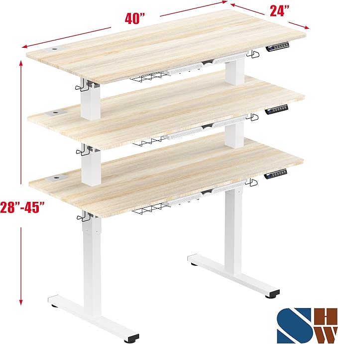 SHW 40-Inch Electric Height Adjustable Standing Desk with Drawer, Memory Preset and Cable Management Tray, Maple-DeskLoop Office