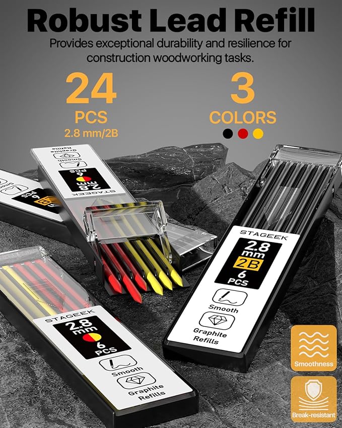 2PCS Carpenter Pencils with Sharpener, Heavy Duty Woodworking Tools, Mechanical Pencil Set with 26 Refills, Deep Hole Long Nib Marker Pens for Architect Marking with Case (Black, Red)-DeskLoop Office