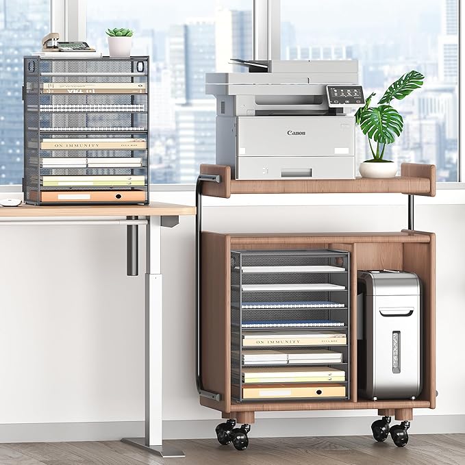 SUBEKYU 9 Tier Paper Organizer for Desk - Gray Metal Mesh Letter Tray File Paper Sorter Organizer Include 6 Pcs Adjustable Height Slid Tray with Handles for Office School Home Organization Storage-DeskLoop Office