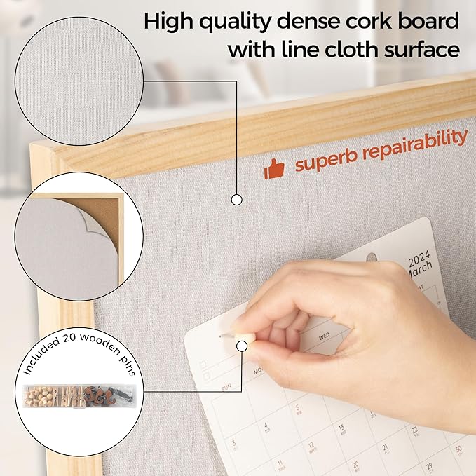 Fun Memories Cork Board Bulletin Board for Office, 20" x 30" Pine Wooden Framed Corkboard, Wall Mounted Notice Pin Board for School Home & Office, Natural Wood-DeskLoop Office