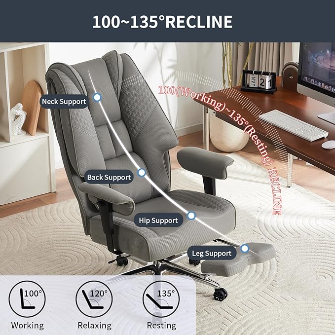 Big and Tall Office Chair 400lbs Wide Seat, Leather High Back Executive Office Chair with Foot Rest, Ergonomic Chairs Lumbar Support for Lower Back Pain Relief (Mesh Light Grey)-DeskLoop Office