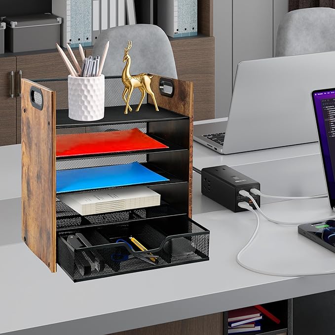 Wood Desk Organizer - 5-Tier Desktop File Organizer with Drawer, Wooden Paper Tray, Office Desk Organzier and Accessories for Papers, Mail, Notebooks, Stationery-DeskLoop Office