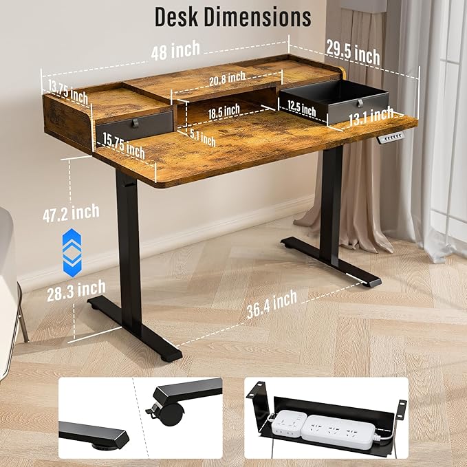 Standing Desk with Drawers,Thickened Table Legs Sit Stand Desk Electric for Home Office & Gaming,Ergonomic Stand Up Desk Cable Management Tray(Classic Black) (Rustic Brown, 48″ x 30″)-DeskLoop Office