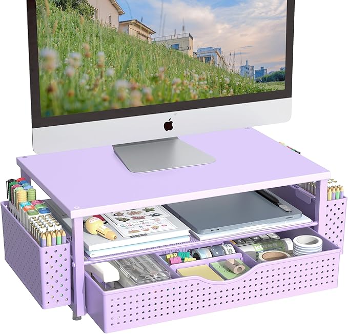 Desk Organizer and Accessories, Computer Monitor Stand Riser with Drawer and 2 Pen Holders, Office Desk Accessories & Workspace Organizers for Office Supplies (Purple)-DeskLoop Office