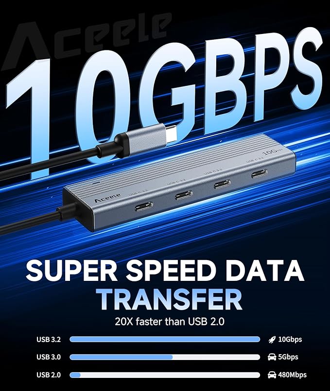 Aceele USB C Hub 10Gbps, USB 3.2 Gen 2 Hub with 4 USB-C 3.2 Ports, 100W Power Delivery, 2FT Cable High Speed USBC Multiport Splitter for MacBook Pro/Air, iMac, iPad Pro(Not Support Extend Monitor)-DeskLoop Office