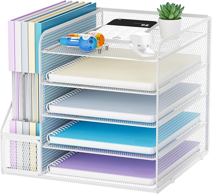 Marbrasse Desk Organizers and Accessories, 5-Tier Paper Letter Tray Organizer with File Holder, Mesh File Organizer, Office Desk Accessories & Organization for Supplies (White)-DeskLoop Office
